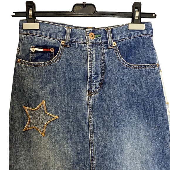 TOMMY JEANS Y2K Star Patch Denim Maxi Skirt Sz 25 - Vintage Patchwork Streetwear - Picture 4 of 14